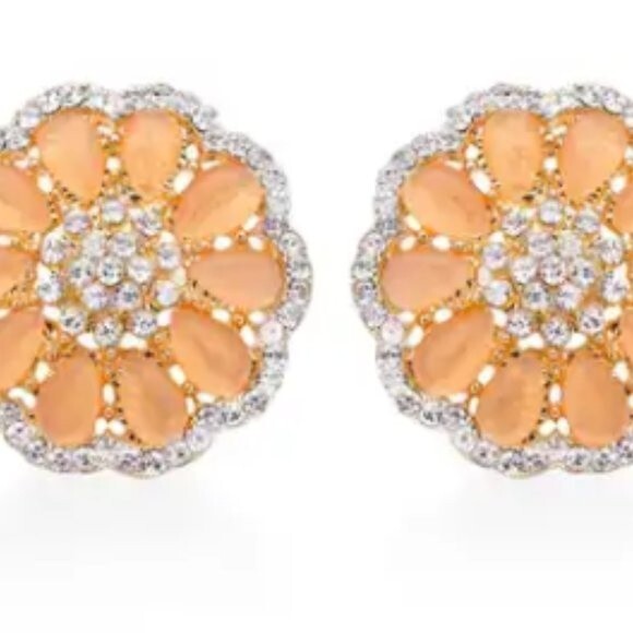 Simulated Champagne Cat's Eye and Austrian Crystal Floral Stud Earrings - Picture 2 of 5